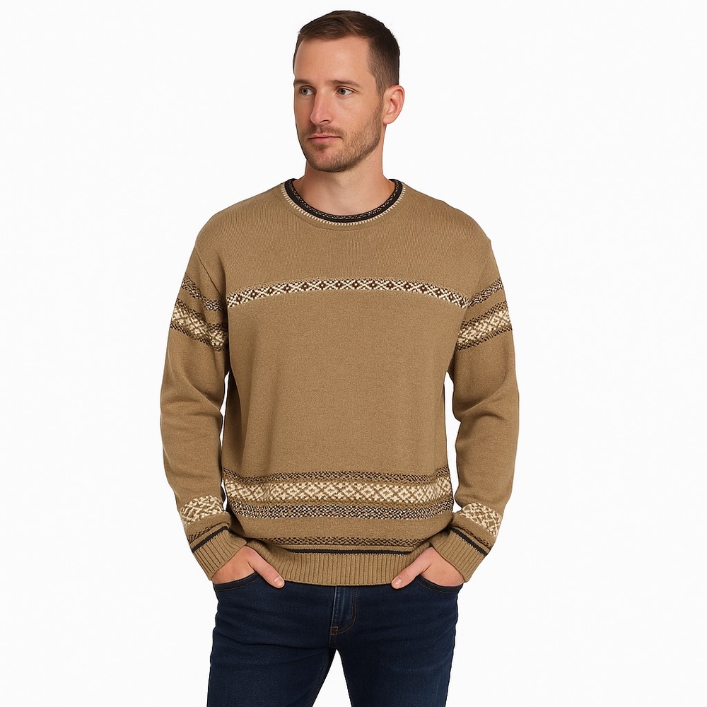 Lyle & Scott Tan Crewneck Sweater with Fair Isle Pattern Sz M EUC